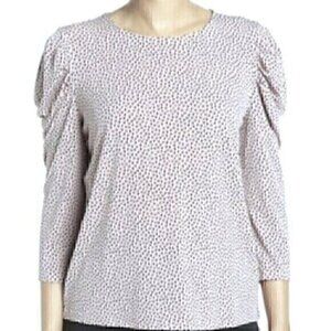 ADRIANNA PAPELL Pleated Sleeve Knit Top White Black Polka Dot Short Sleeve Large